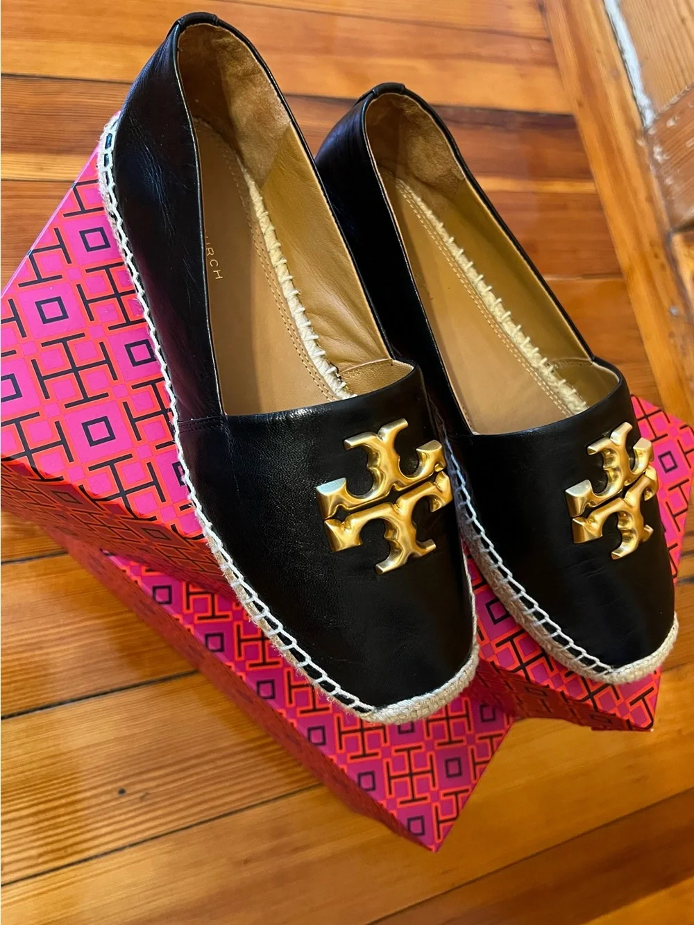 Tory Burch Black Leather Espadrille Flats with Gold Logo